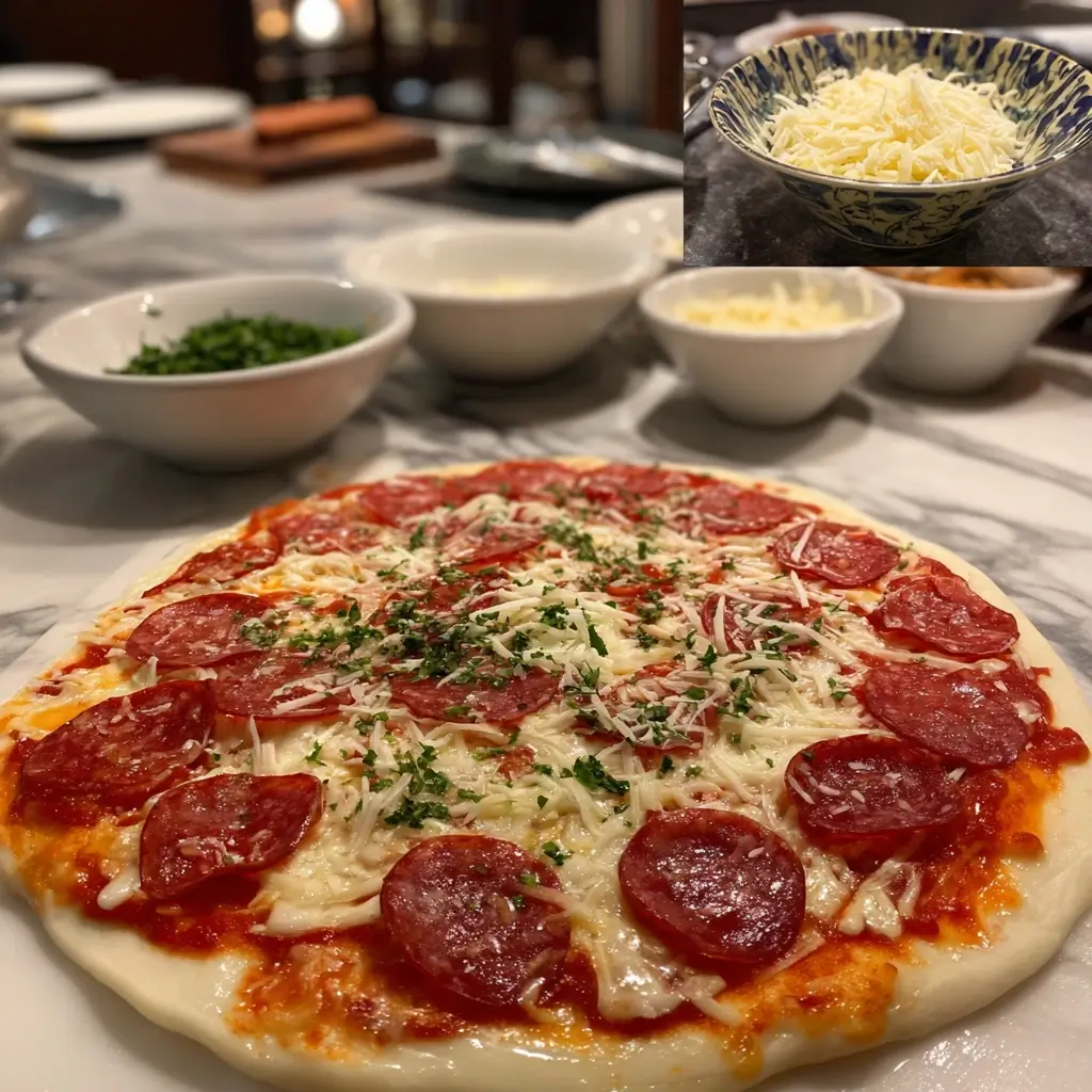 Pizza salami wird mit Tomatensauce, Mozzarella und Salami belegt, bevor sie in den Ofen kommt.