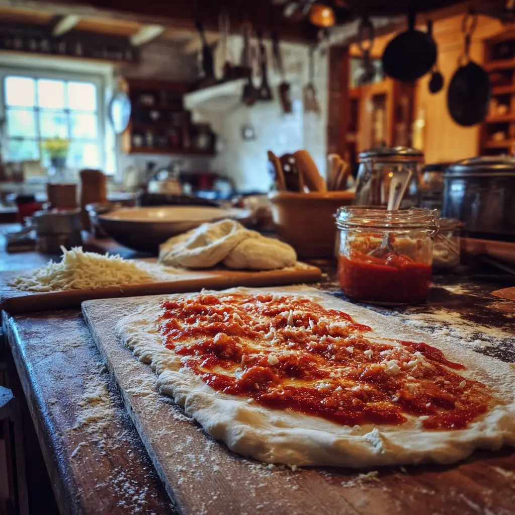Pizzateig für pizza schnecken auf bemehltem Brett mit Tomatensoße bestrichen.
