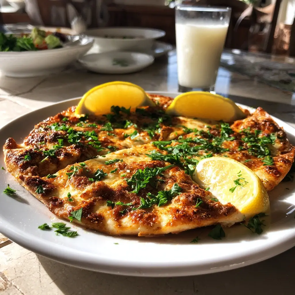 Türkische pizza serviert auf weißem Teller mit Zitronenspalten und einem Glas Ayran im Hintergrund.