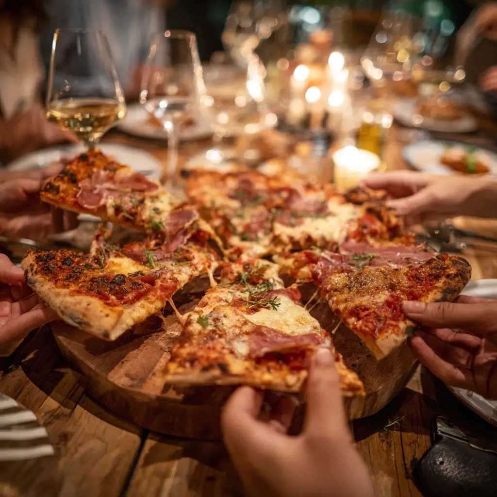 pizza parma in Stücke geschnitten auf Holzbrett mit Freunden am Tisch