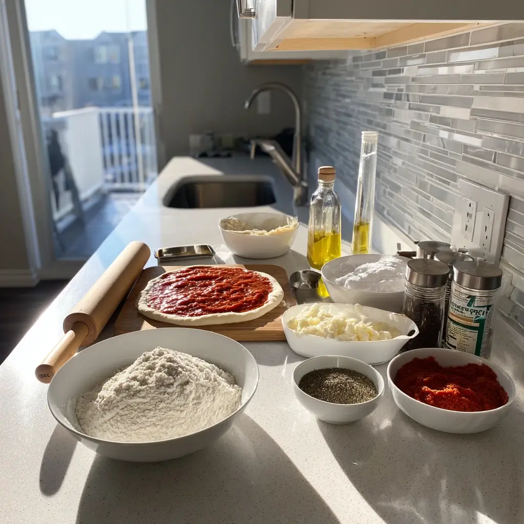 Zutaten für New York Pizza wie Mehl, Tomatensauce, Käse und Olivenöl auf Arbeitsfläche