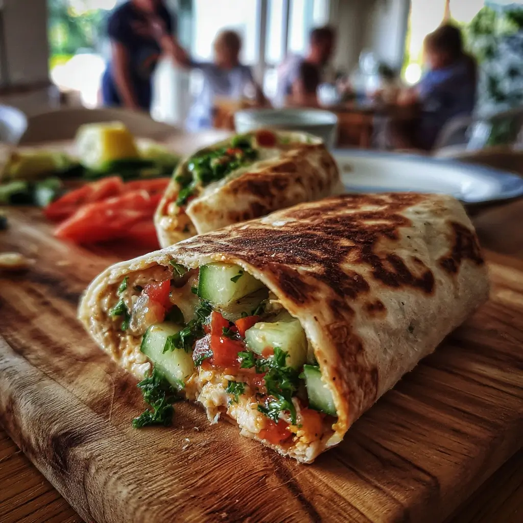 Gerollte türkische pizza mit frischem Salat, Tomaten und Gurken serviert auf Holzbrett.