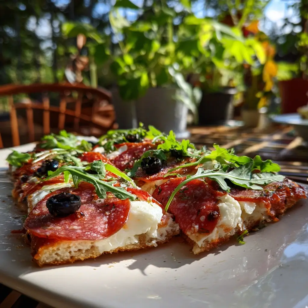 Mediterrane pizza salami mit Oliven, Rucola und frischem Basilikum auf Holzbrett serviert.