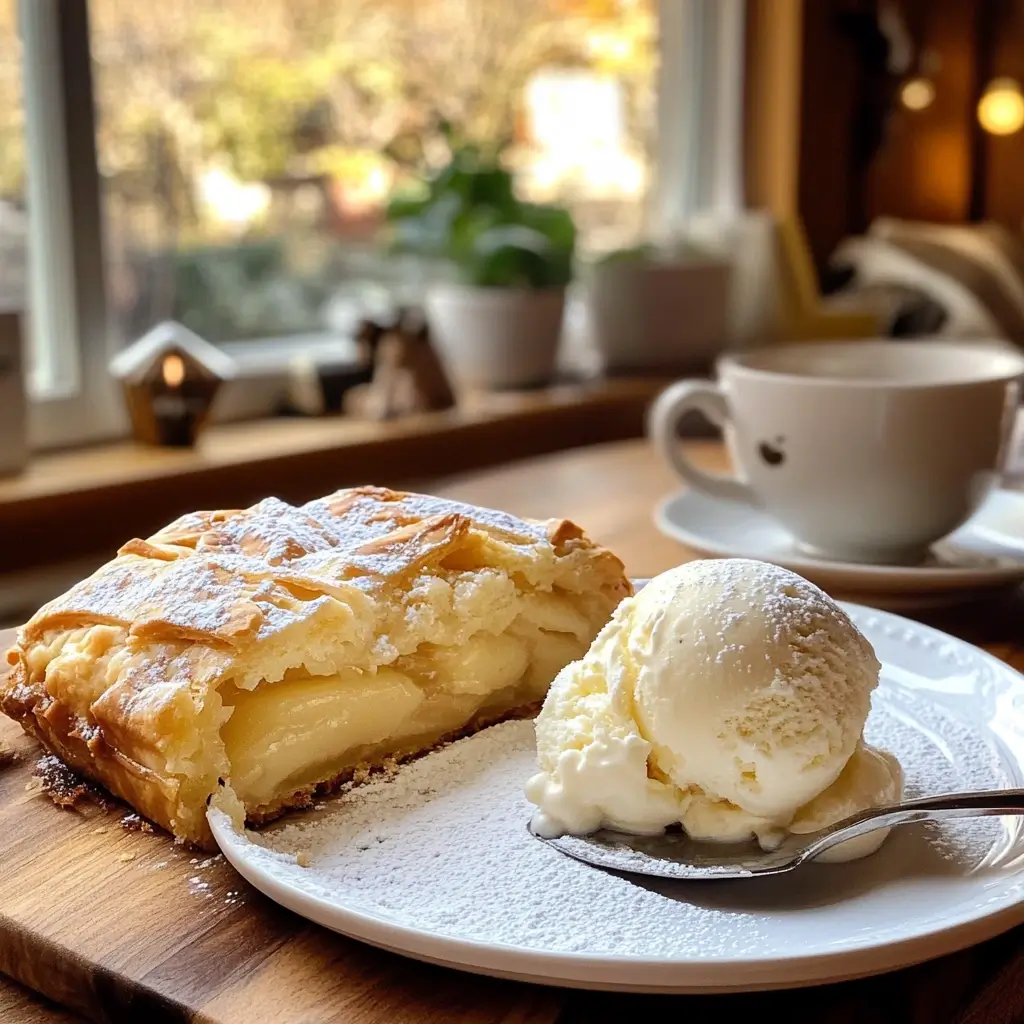 Apfelstrudel mit Vanillesoße auf Dessertteller – Apfelstrudel Rezepte