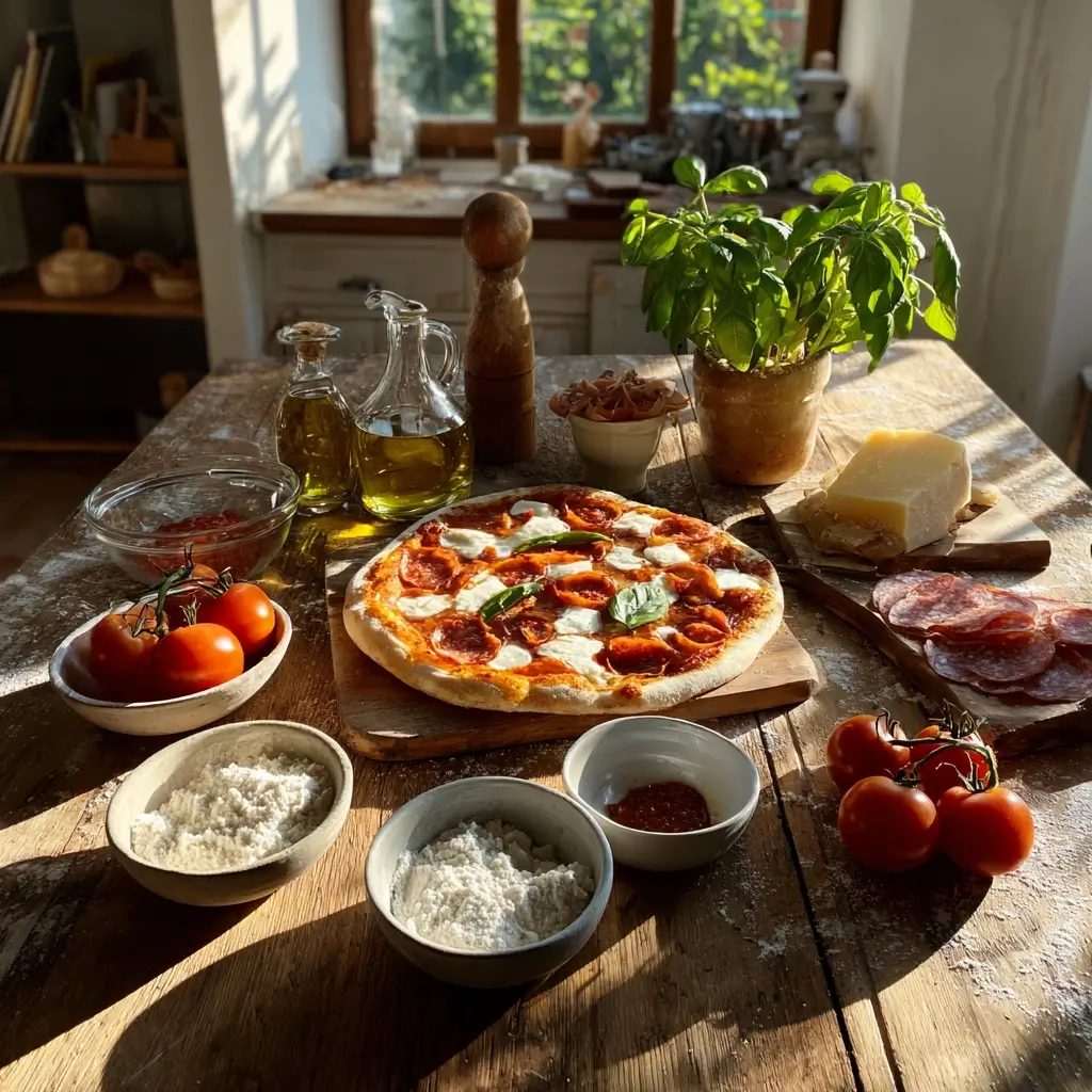 Zutaten für pizza milano – Mehl, Hefe, Tomatensauce, Mozzarella, Salami Milano, Basilikum