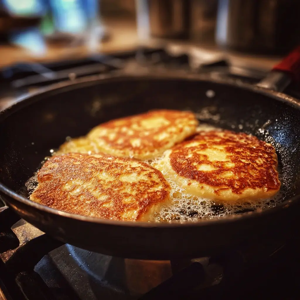 Fluffige Pfannkuchen Rezept beim Ausbacken in der Pfanne mit goldbrauner Oberfläche und leichtem Schaum.