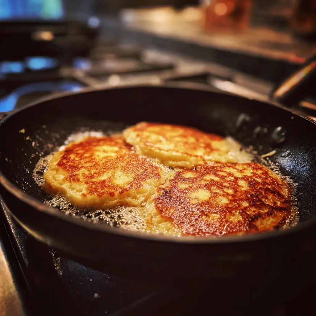 Goldbraune Pfannkuchen in der Pfanne gebraten – pfannkuchen vegan rezept mit knuspriger Oberfläche auf dem Herd.
