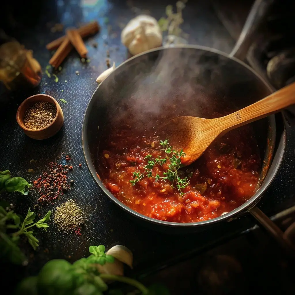 Hausgemachte Tomatensauce für Mama Pizzawagner Pizza mit Oregano, Basilikum und Knoblauch in einer Pfanne.