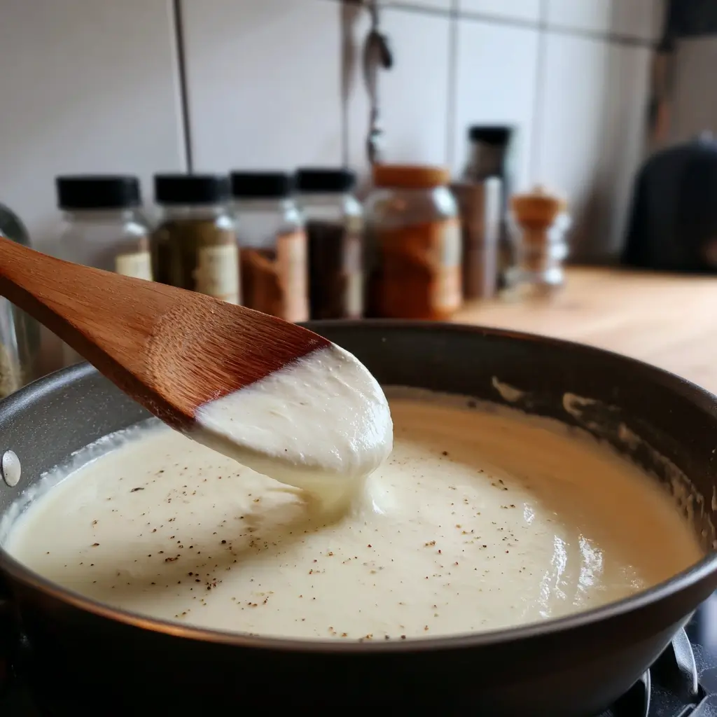 Cremige Béchamelsauce wird für das spinat lasagne rezept in einem Topf angerührt, mit Butter, Milch und etwas Muskat verfeinert.