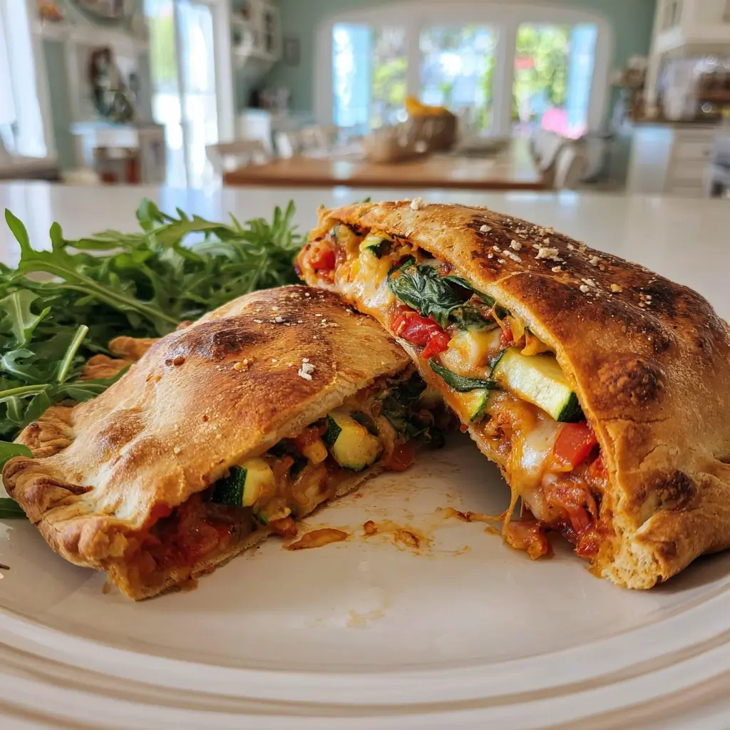 Vegetarische pizza calzone mit Spinat, Zucchini und Käse auf weißem Teller.