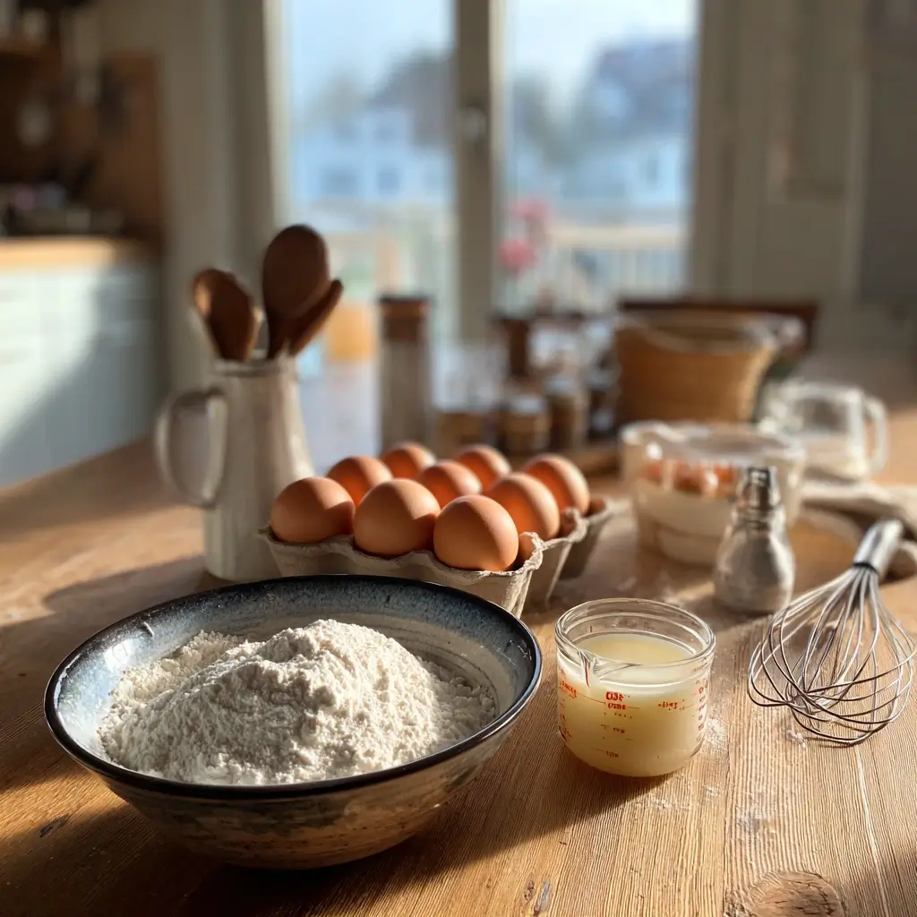 Zutaten für rezept einfach Pfannkuchen mit Mehl, Eiern, Milch und Zucker auf Küchentisch