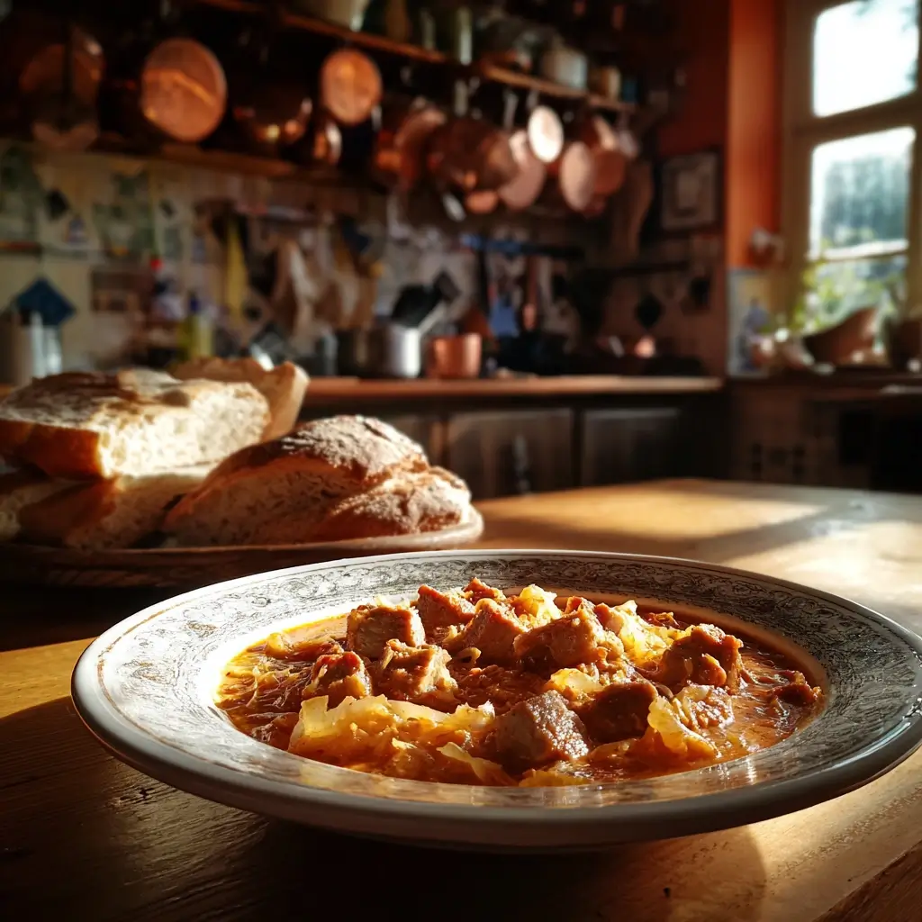 Nahaufnahme von Rezept Szegediner Gulasch in rustikalem Topf auf Holztisch