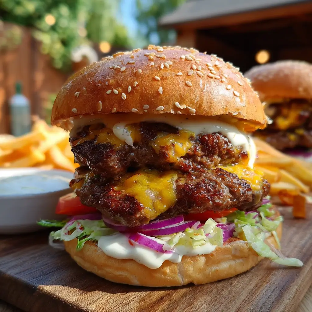 Saftige burger patties im Brötchen mit Käse und Sauce