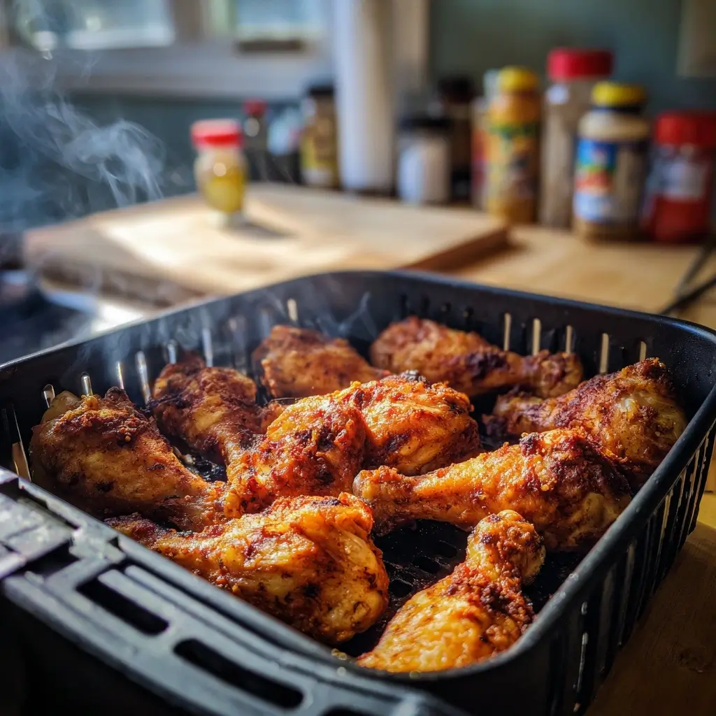 Hähnchenschenkel im Ninja Airfryer während des Garens für airfryer rezepte ninja.