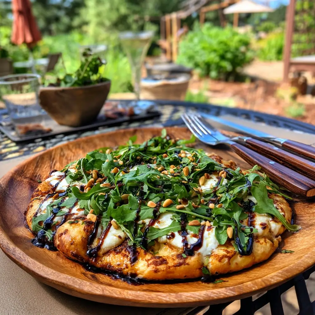 Pizza Caprese mit Rucola, Balsamico-Creme und Pinienkernen – kreative Variation des Klassikers.