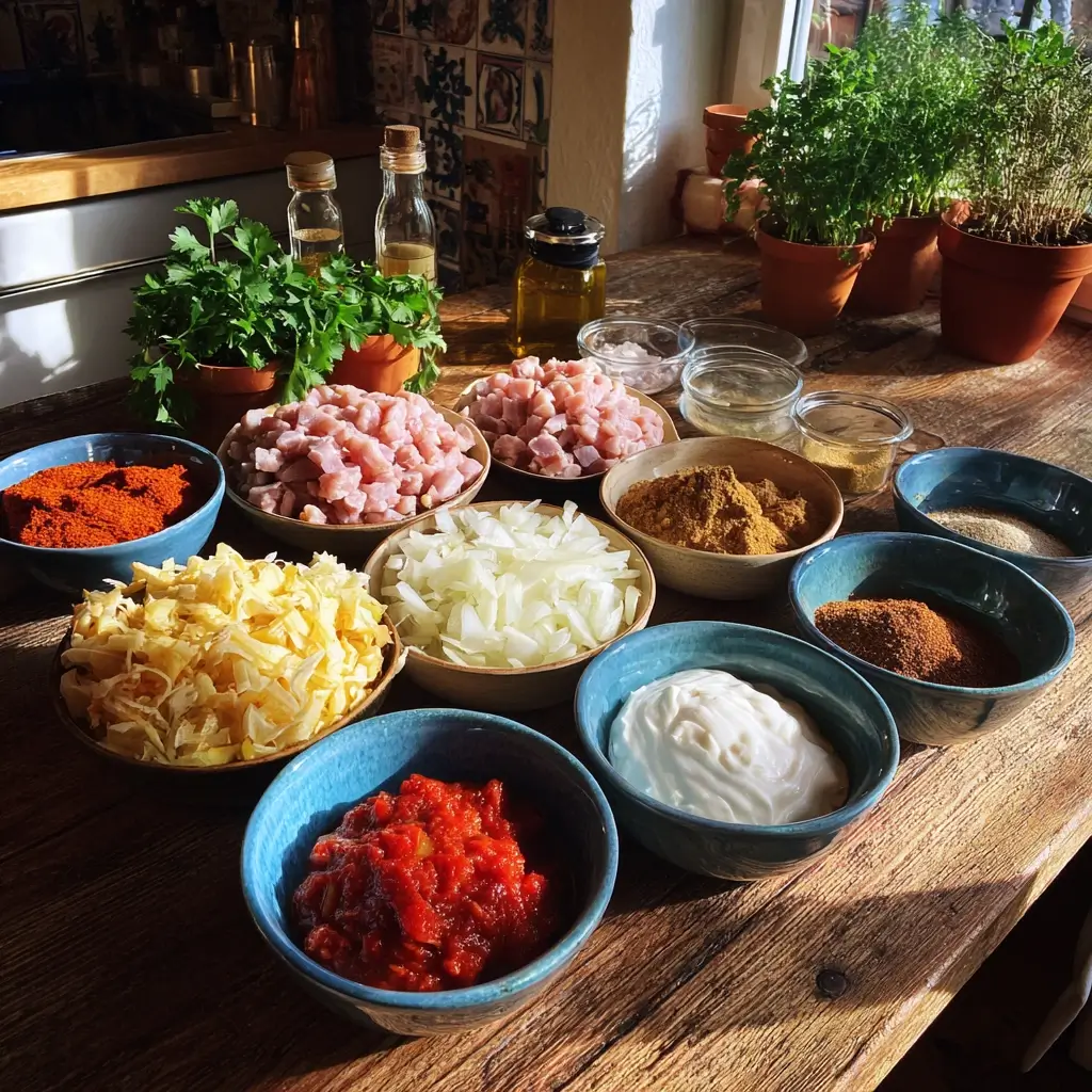 Alle Zutaten für Rezept Szegediner Gulasch auf rustikalem Holztisch arrangiert