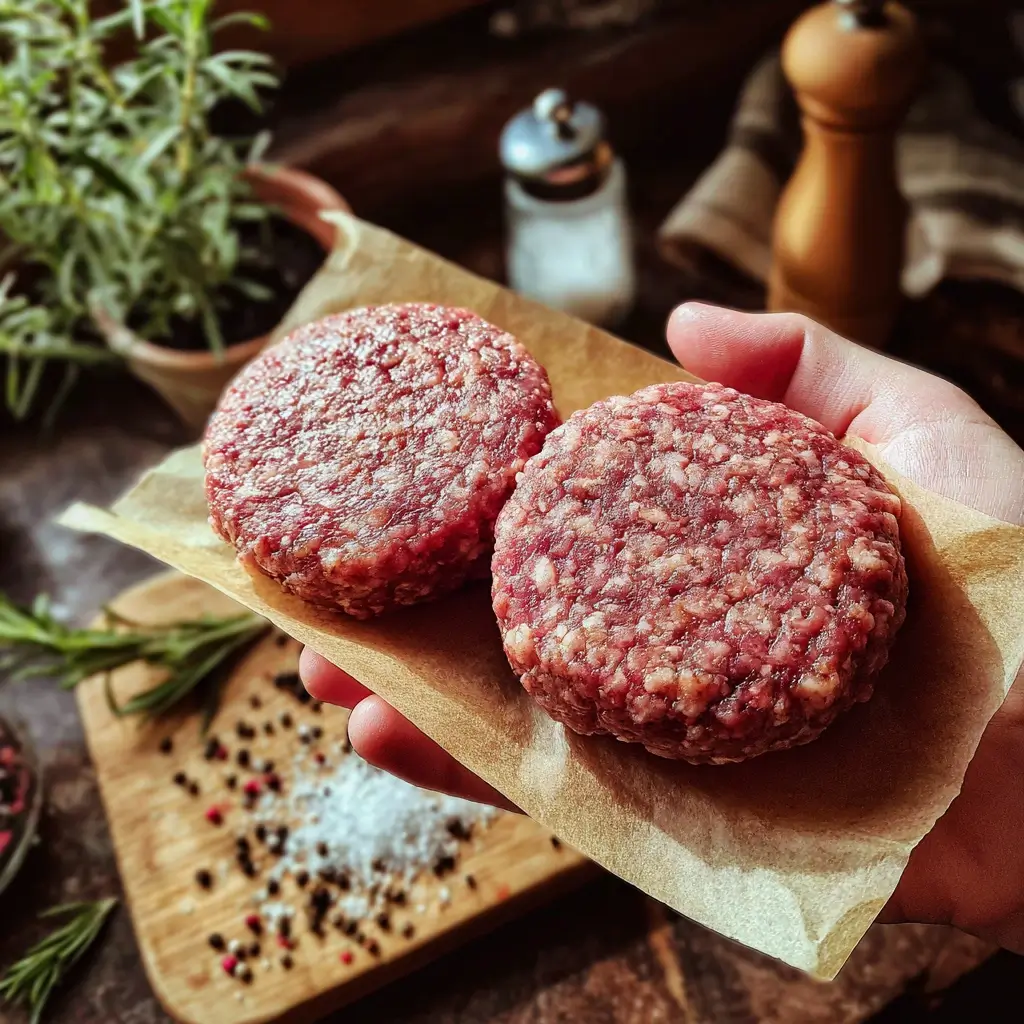 Hände formen burger patties auf einem Holzbrett