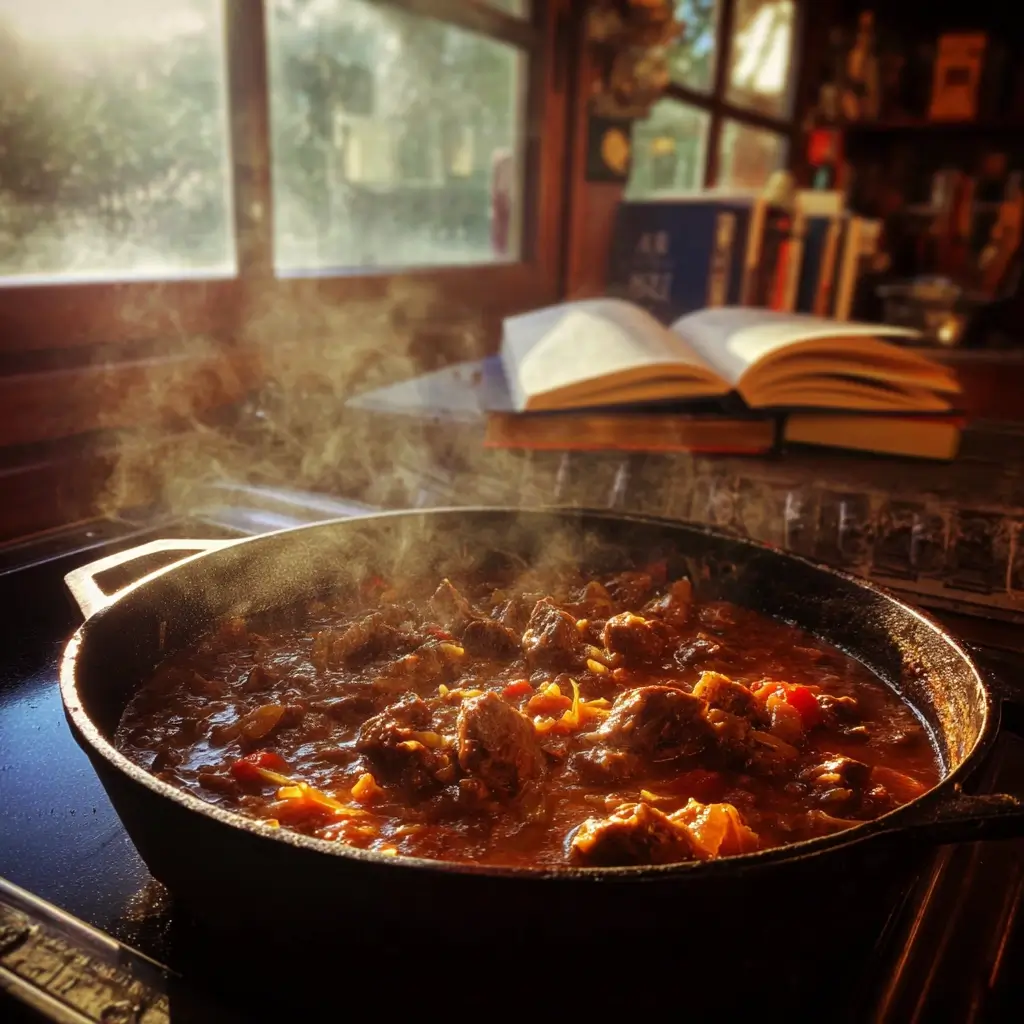 Zubereitung vom Szegediner Gulasch Rezept Original in einer gusseisernen Pfanne mit Zwiebeln und Paprika im Bratprozess.