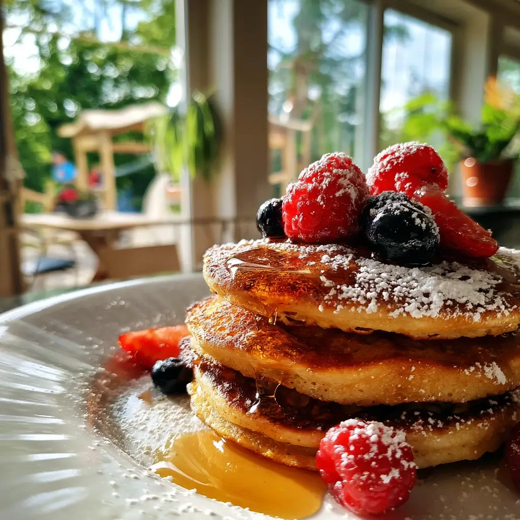 Rezept einfach Pfannkuchen – fluffige Pfannkuchen mit frischen Beeren und Ahornsirup