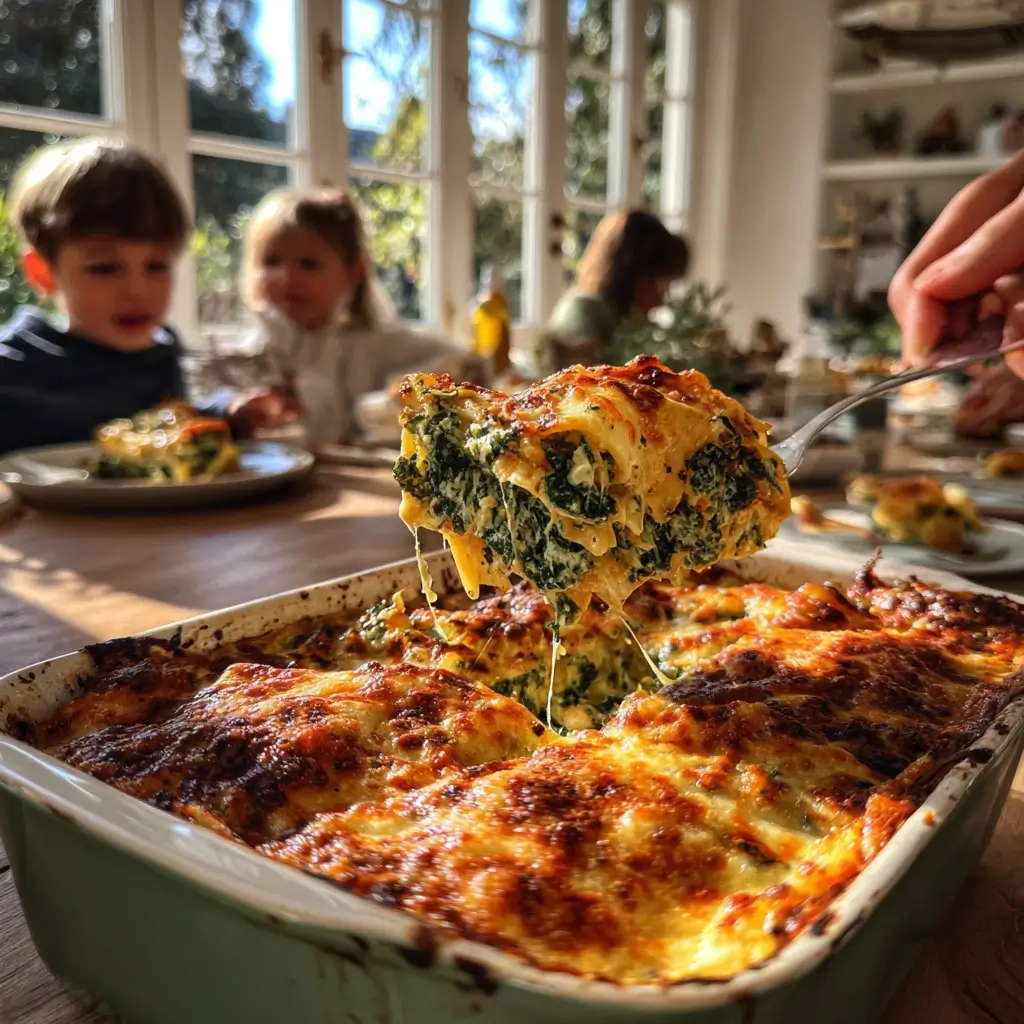 Mozzarella und Parmesan werden großzügig über die letzte Schicht des spinat lasagne rezept gestreut, bevor die Form in den Ofen kommt.