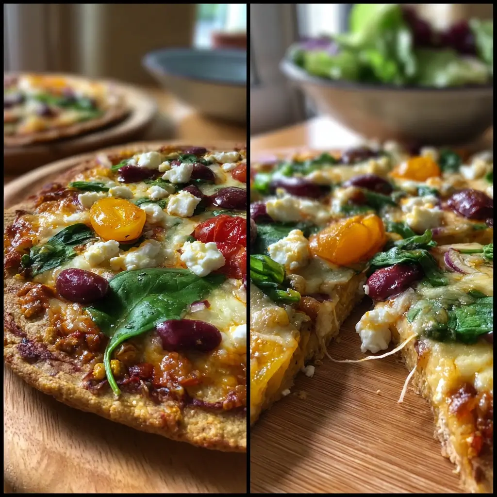 Vegane protein pizza mit Seitan, Paprika und veganem Käse auf Backpapier.