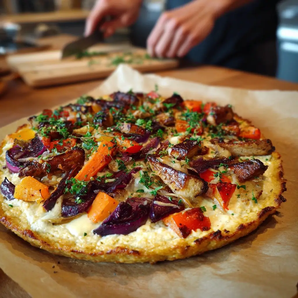 Bunte protein pizza mit gegrilltem Gemüse, Kräutern und knusprigem Teig auf Backpapier, frisch aus dem Ofen serviert.