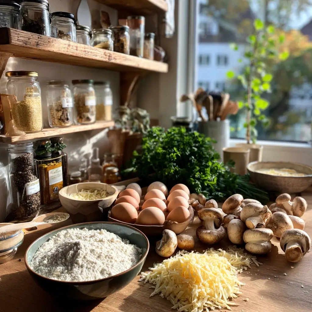 Zutaten für Pfannkuchen Rezept herzhaft auf Holztisch