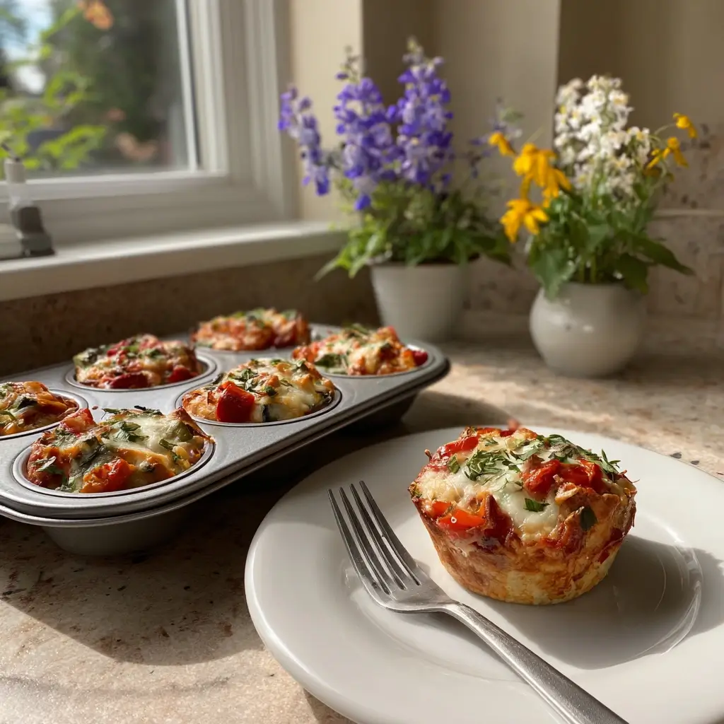 Mini deep dish pizza in Muffinform frisch gebacken und serviert