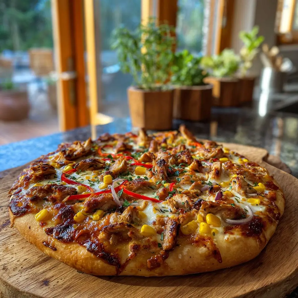 Frisch gebackene pizza zulu mit exotischen Gewürzen, Hähnchen, Paprika und geschmolzenem Käse auf rustikalem Holztisch.