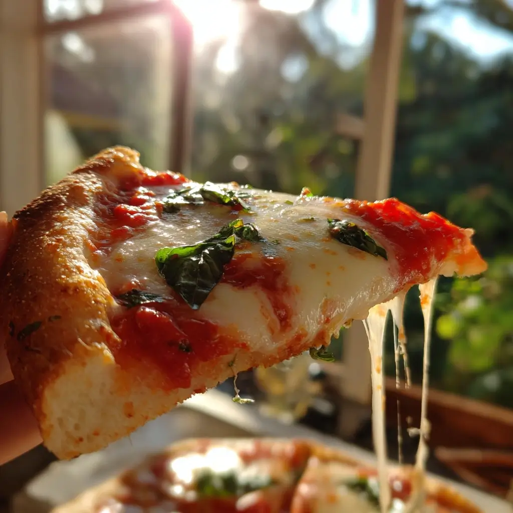Pizza Margherita Rezept – Hand hält ein Stück Pizza mit geschmolzenem Käse und Basilikum