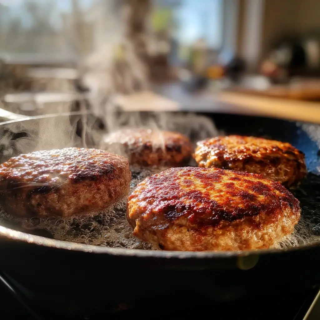 Burger patties braten in gusseiserner Pfanne