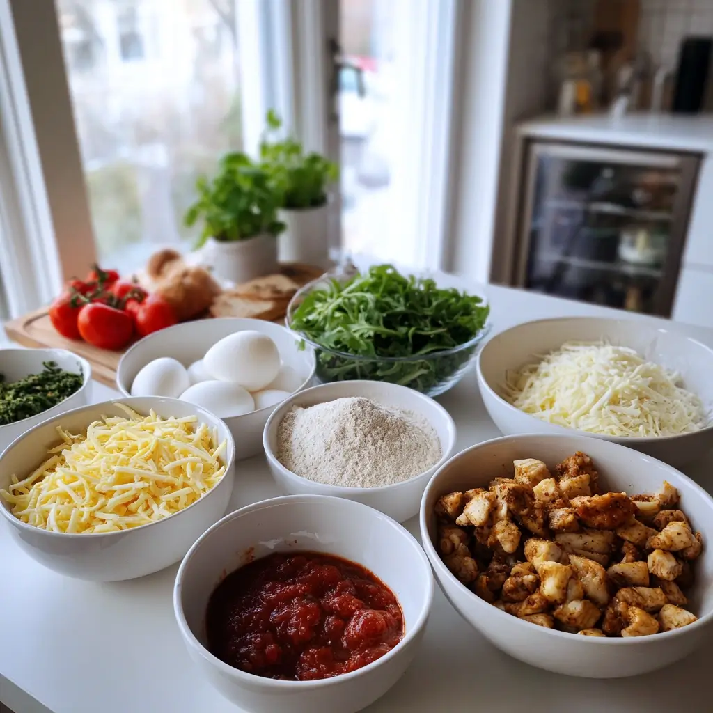 Zutaten für protein pizza wie Quark, Hafermehl, Ei, Hähnchen und frisches Gemüse auf heller Arbeitsfläche.