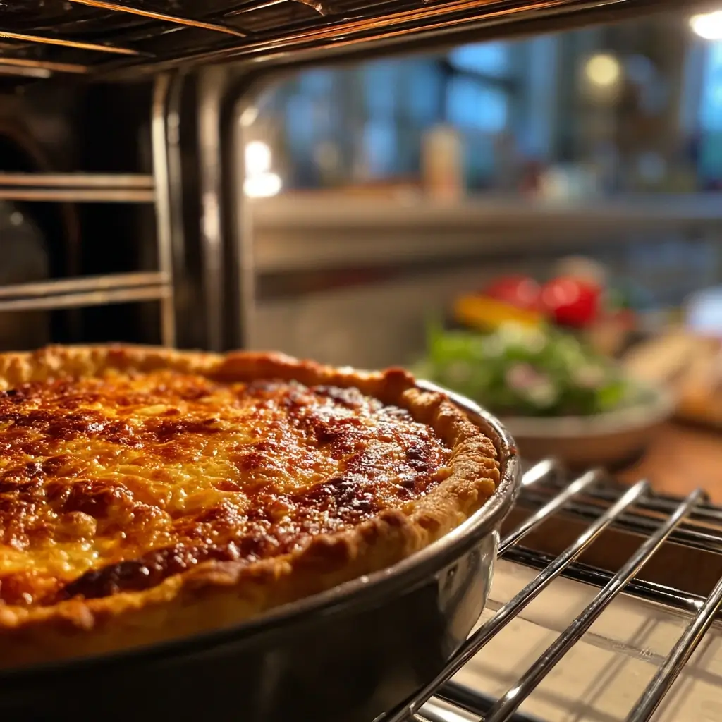 deep dish pizza backt im Ofen mit goldbraunem Rand und Käsefäden