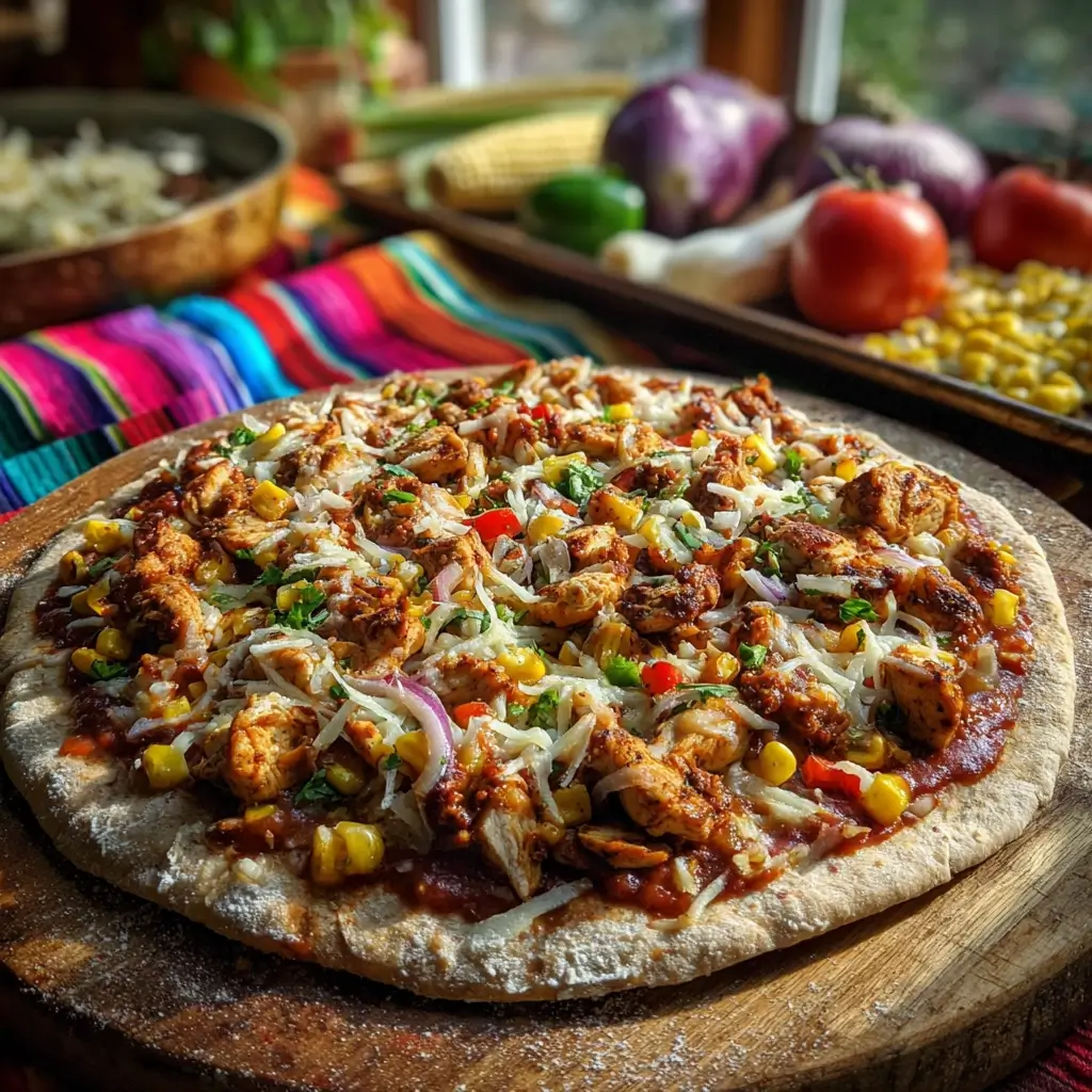 Pizza zulu wird mit Tomatensauce, Käse, mariniertem Hähnchen, Paprika und Mais belegt.