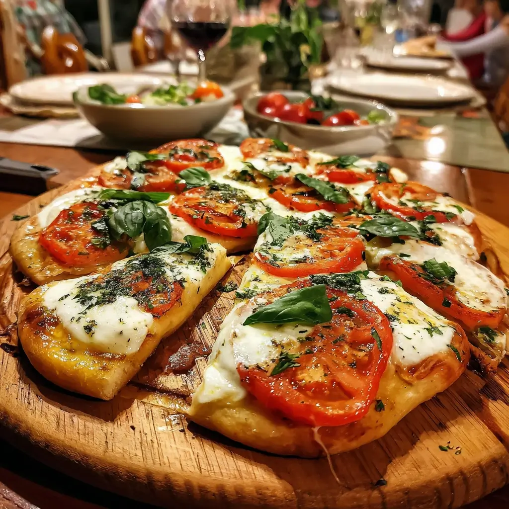 Servierte Pizza Caprese auf Holzbrett, mit Basilikum, Olivenöl und Rotwein – italienischer Genuss pur.