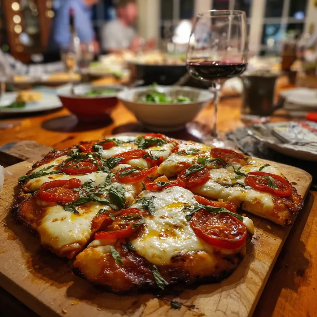 Pizza Caprese mit frischen Tomaten, geschmolzenem Mozzarella und Basilikum auf einem Holzbrett serviert, begleitet von einem Glas Rotwein.
