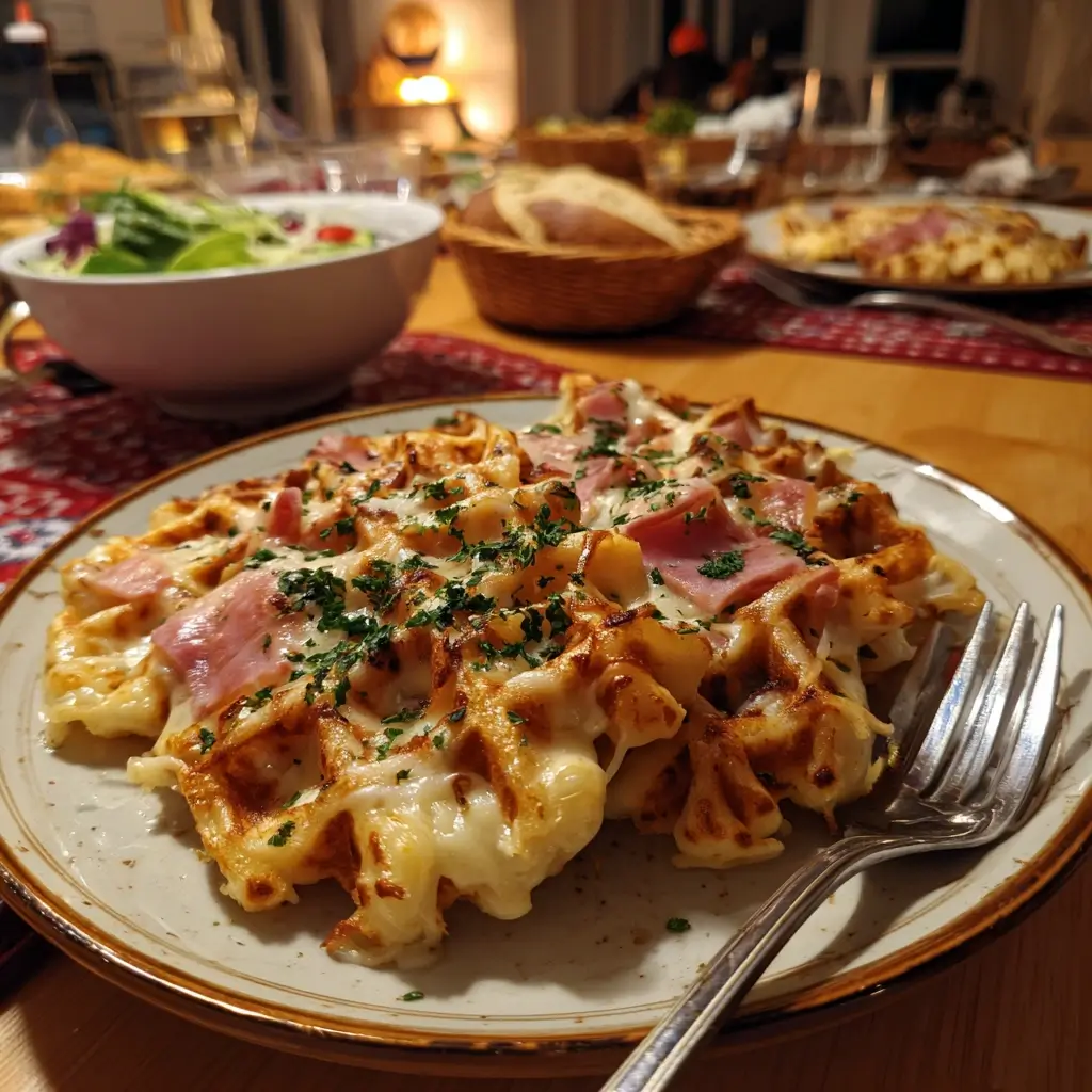 Waffeln Rezept serviert mit goldbraunen Waffeln auf einem rustikalen Holztisch