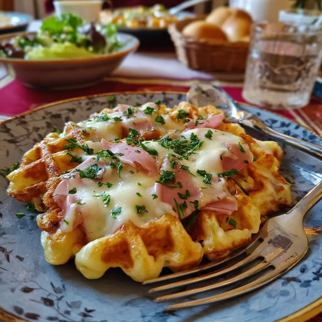 Herzhafte Waffeln mit Käse und Schinken auf einem Teller – kreative Variante des Waffeln Rezepts.