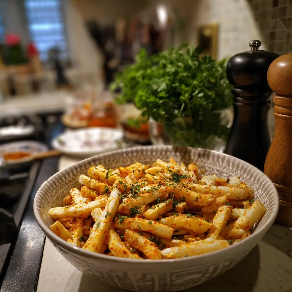 Rezept Airfryer: Kartoffelsticks mit Öl und Gewürzen in einer Schüssel