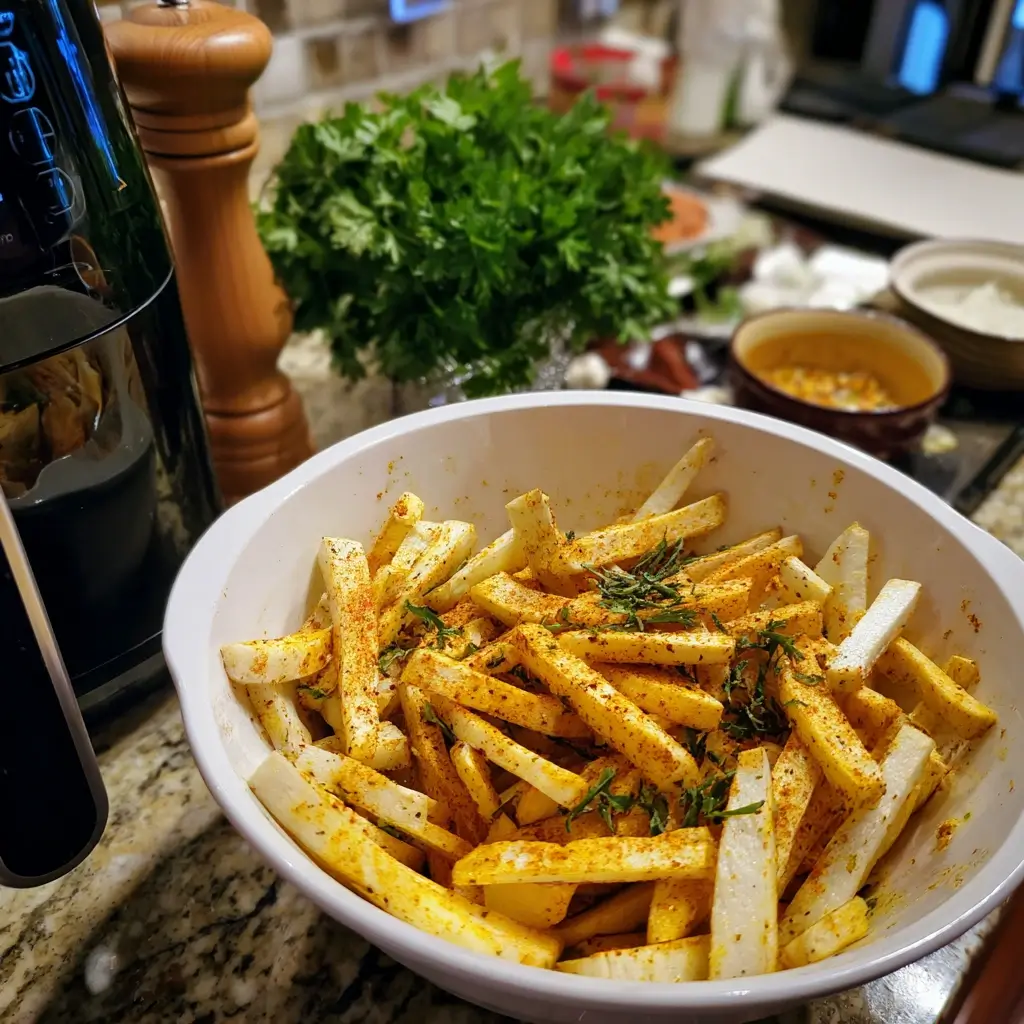 Rezept Airfryer: goldbraune, knusprige Pommes auf rustikalem Teller