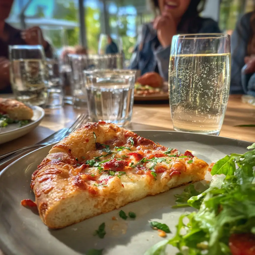 Low Carb Pizza mit Blumenkohlboden, knusprig gebacken mit Käse und frischem Basilikum