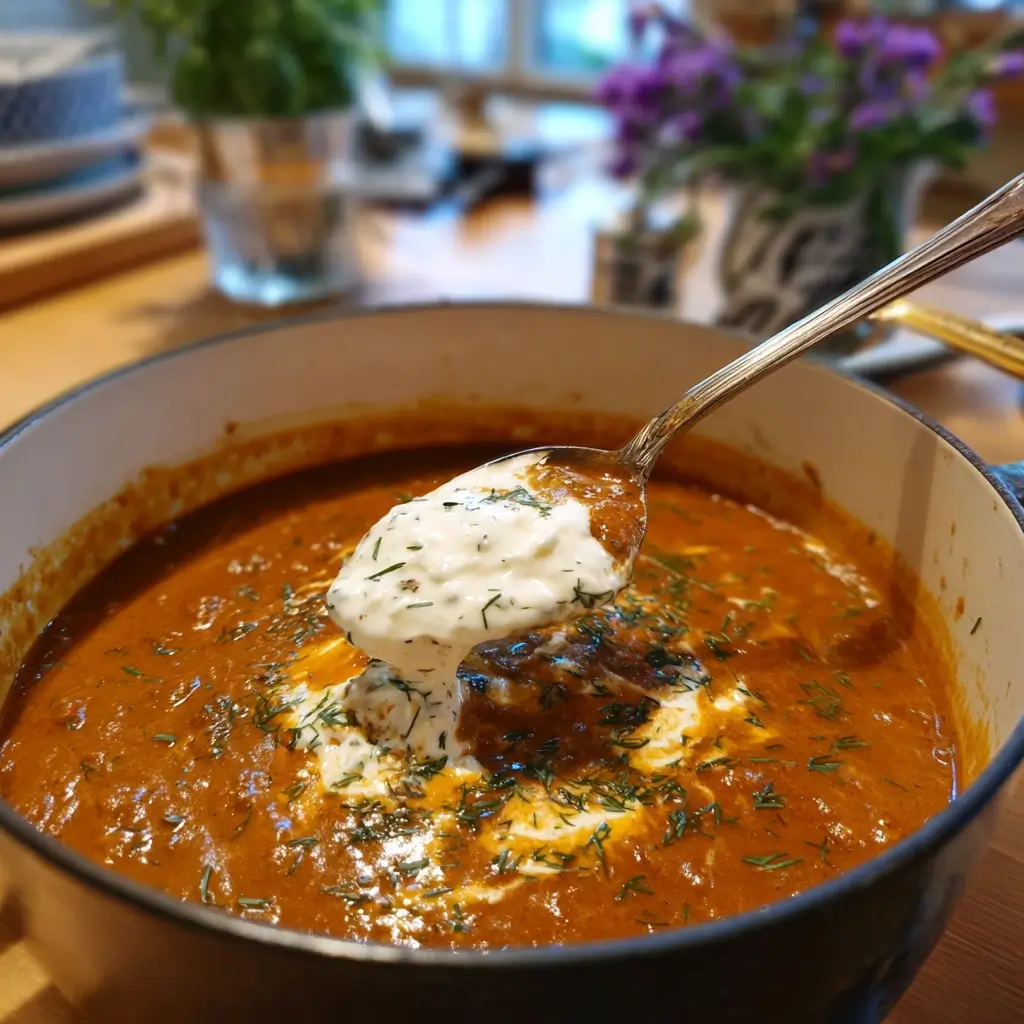 Szegediner Gulasch Rezept in einem Schmortopf mit cremigem Sauerrahm und frischen Kräutern, serviert als herzhaftes Hausmannsgericht.