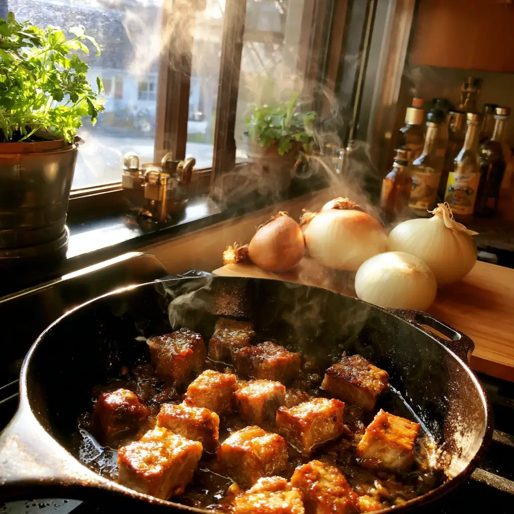 Schweinefleisch wird für Rezept Szegediner Gulasch in gusseisernem Topf angebraten