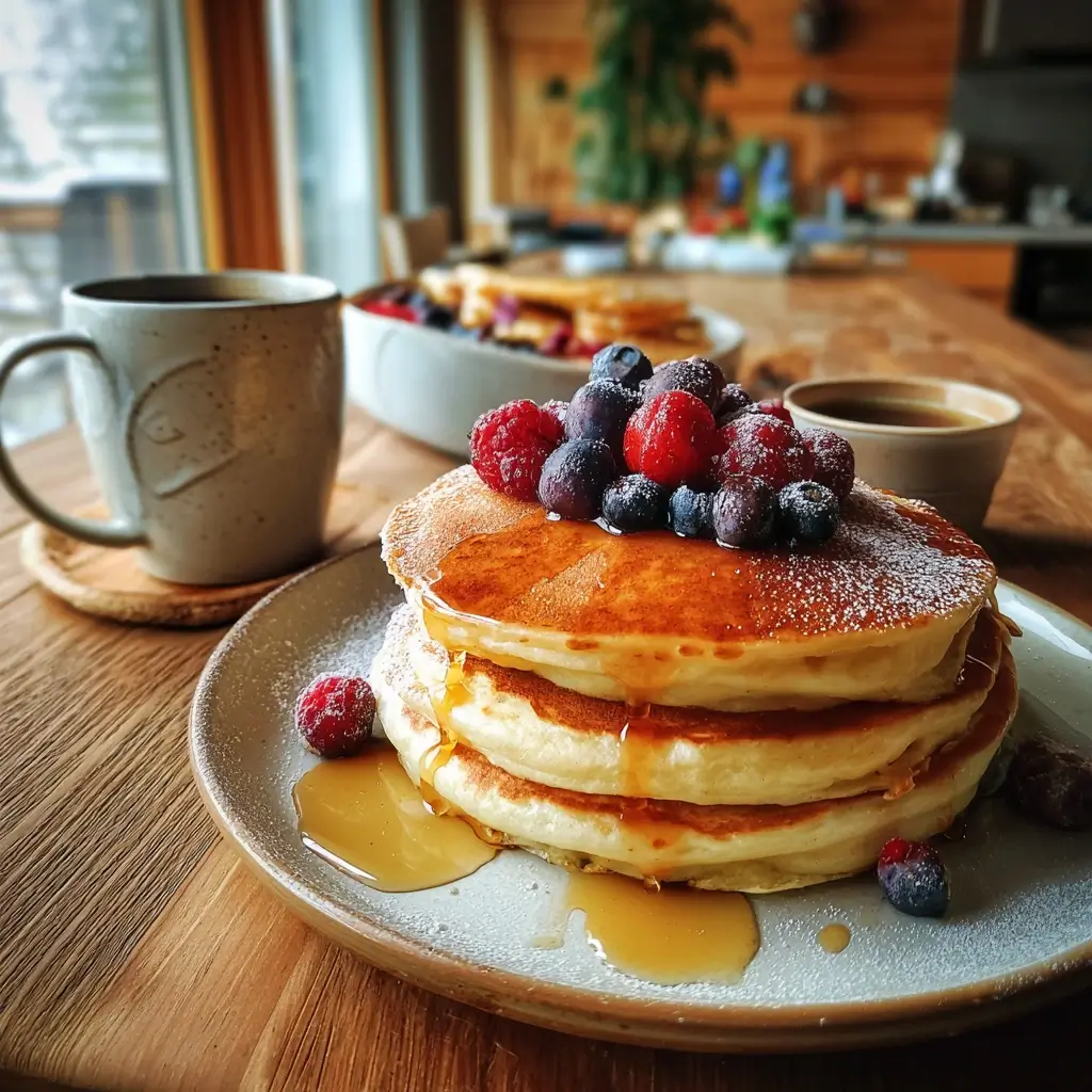 Pfannkuchen Rezept vegan als hoher Pancake-Turm mit Beeren und Ahornsirup, serviert auf einem rustikalen Frühstückstisch.