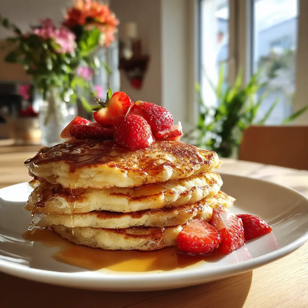 Pfannkuchen Rezept Einfach als fluffiger Stapel mit Erdbeeren und Sirup im Sonnenlicht