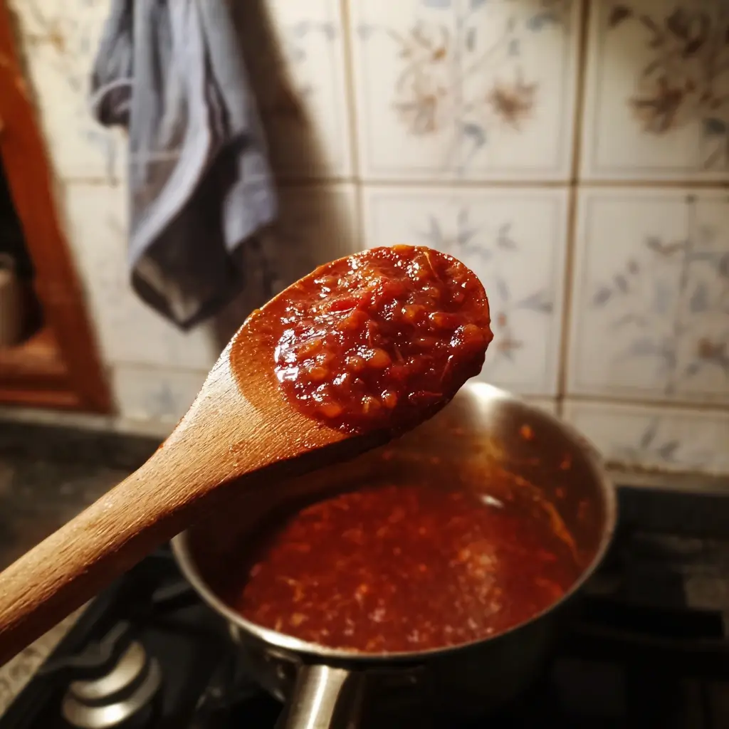 Szegediner Gulasch Rezept mit intensiver Paprikasauce, aufgenommen als Nahaufnahme eines Holzlöffels über einem köchelnden Topf.