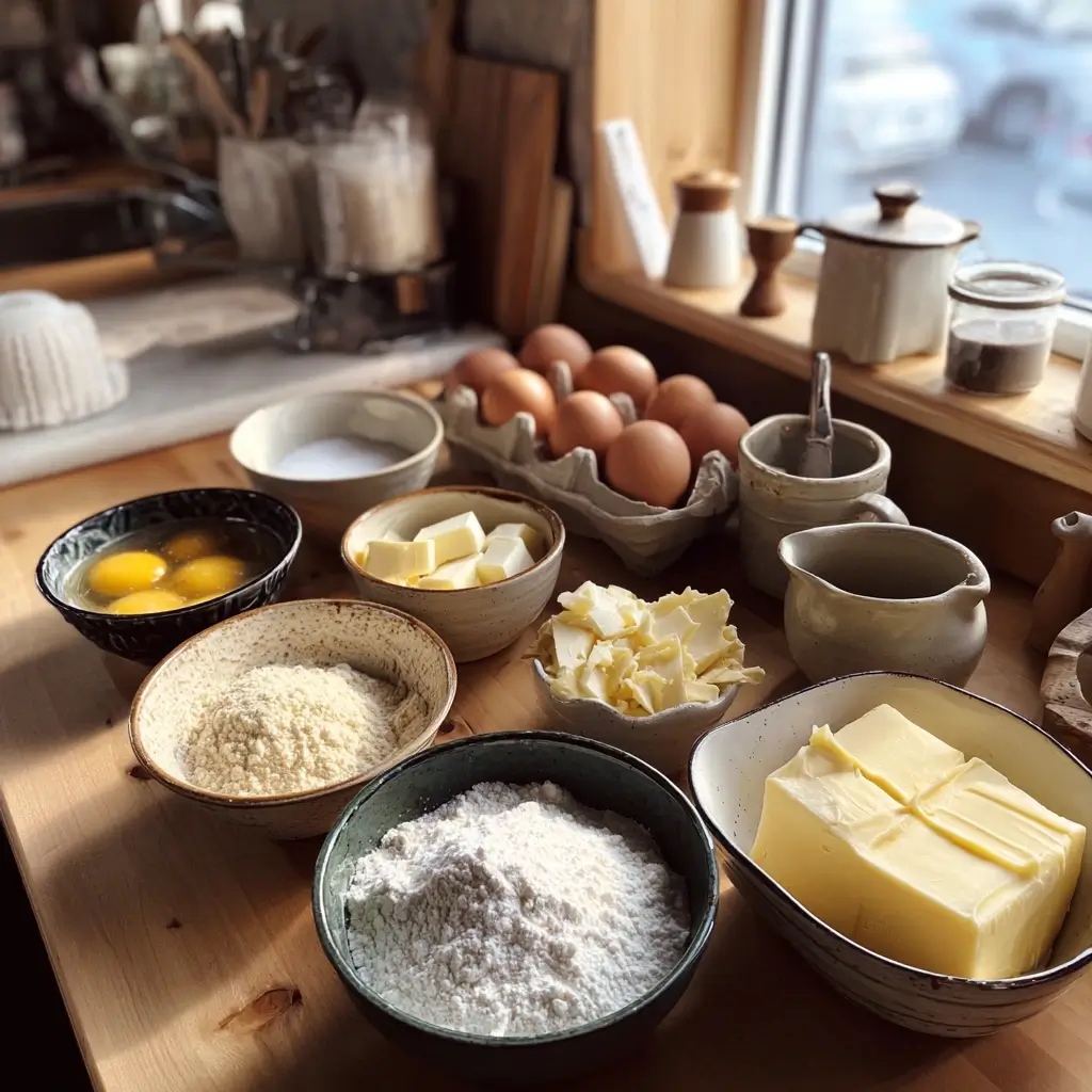 Zutaten für ein klassisches Waffeln Rezept: Mehl, Zucker, Eier, Butter und Milch auf Holzuntergrund.