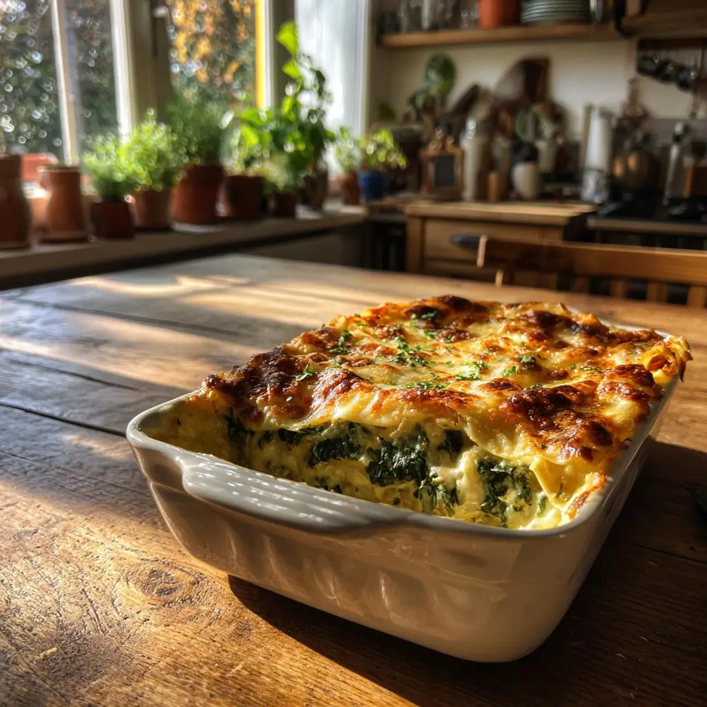 Frisch servierte Portion aus dem spinat lasagne rezept, mit geschichteten Spinat- und Käseschichten, leicht dampfend und auf einem rustikalen Holztisch präsentiert.