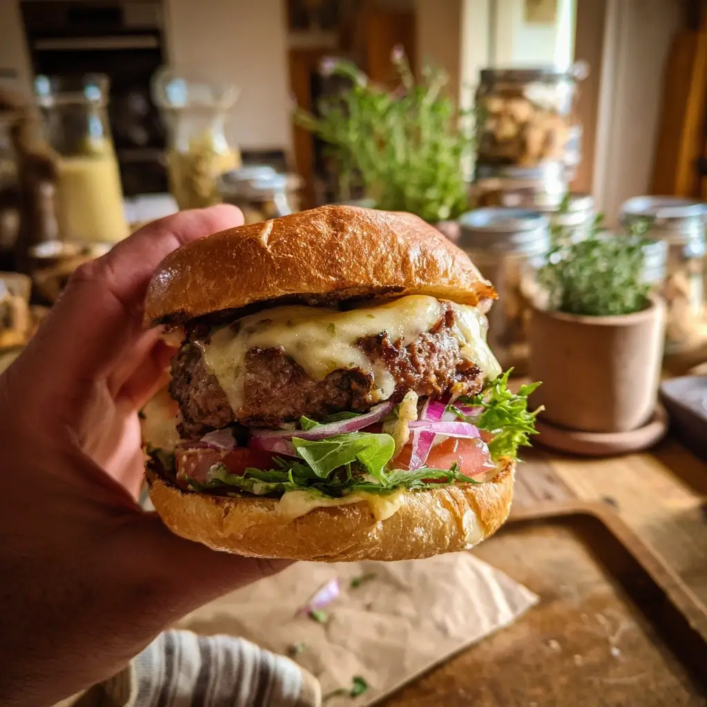 Fertiger Burger mit Pommes, Onion Rings und Coleslaw – burger rezept für Genießer.