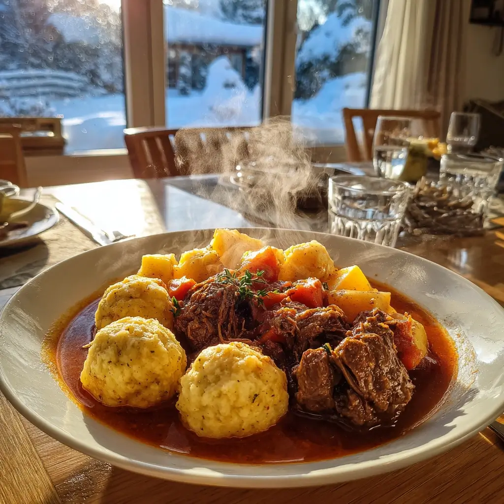 Rezept Szegediner Gulasch serviert mit Semmelknödeln und Kartoffeln
